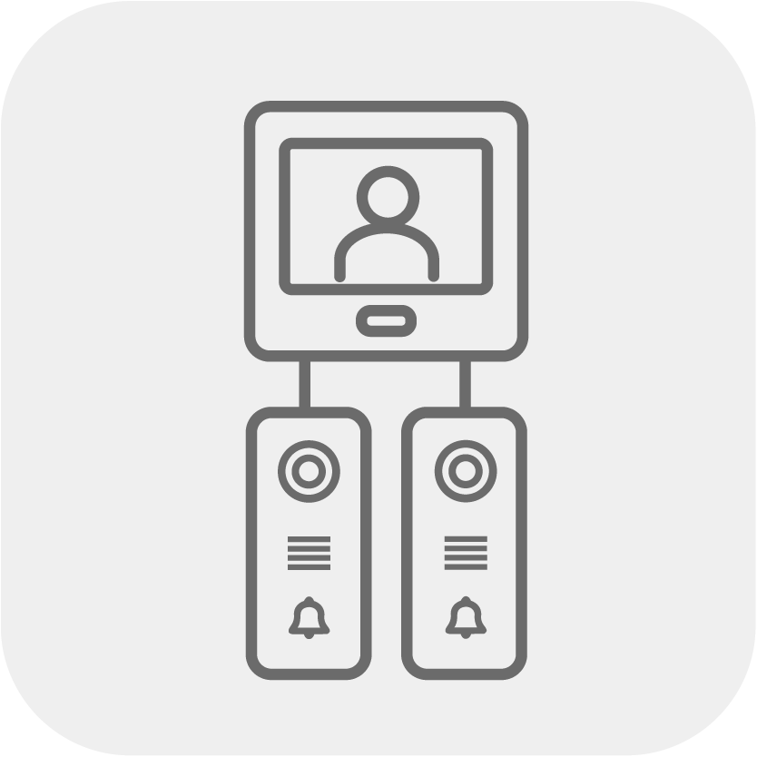 Line icon of a video intercom monitor connected to two outdoor door stations