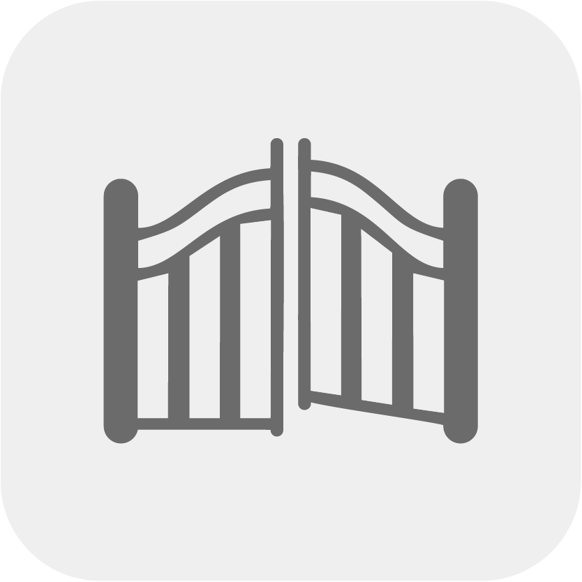 A grey minimalist icon of an open wooden garden gate
