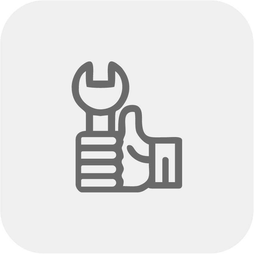 Line art icon showing a hand giving a thumbs up while holding a wrench