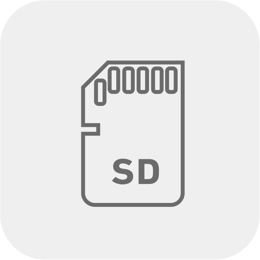 Line art icon of an SD memory card on a light grey background