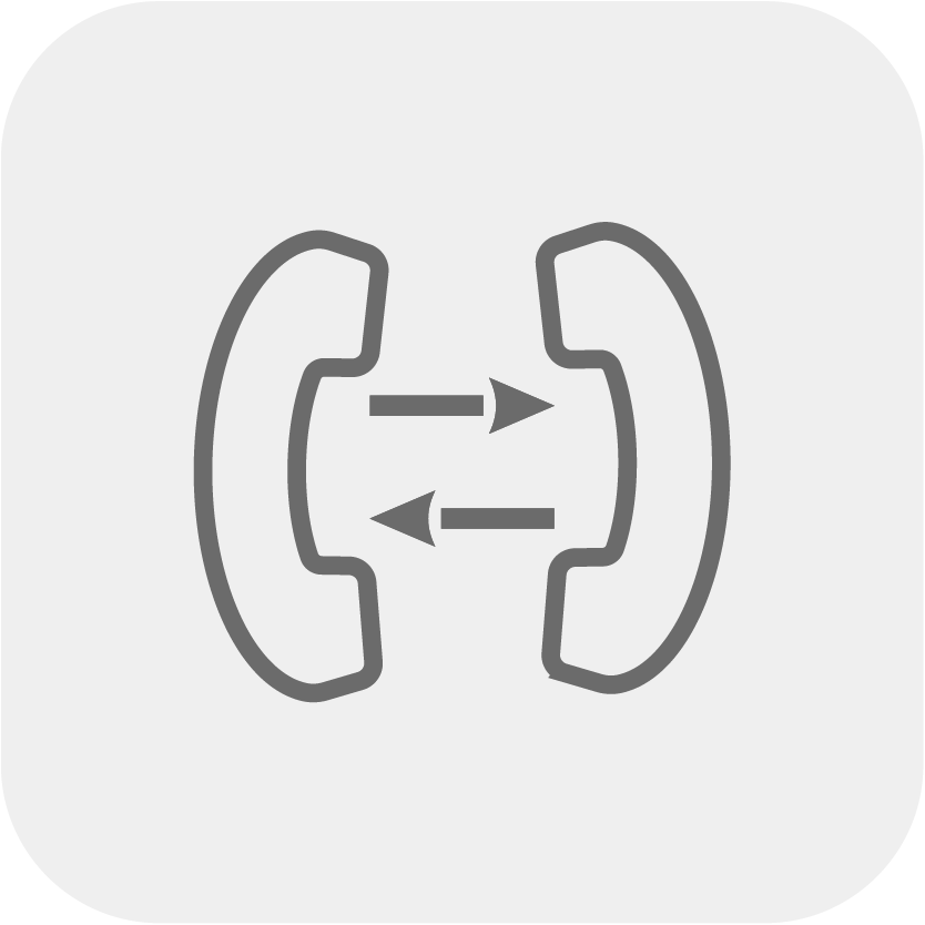Two telephone handsets facing each other with arrows indicating a bidirectional conversation