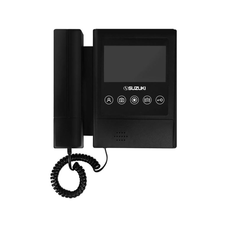 Black Suzuki wall-mounted video intercom with a digital screen and handset